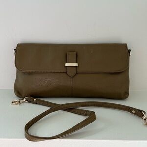 ZENITH Pebbled Leather Olive Green Shoulder Bag Convert to Clutch Office Travel